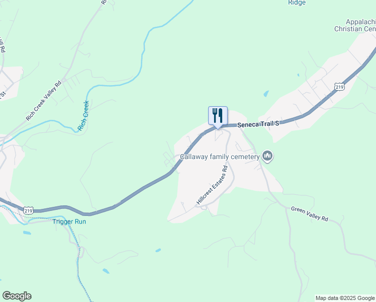 map of restaurants, bars, coffee shops, grocery stores, and more near 1668 Seneca Trail South in Peterstown