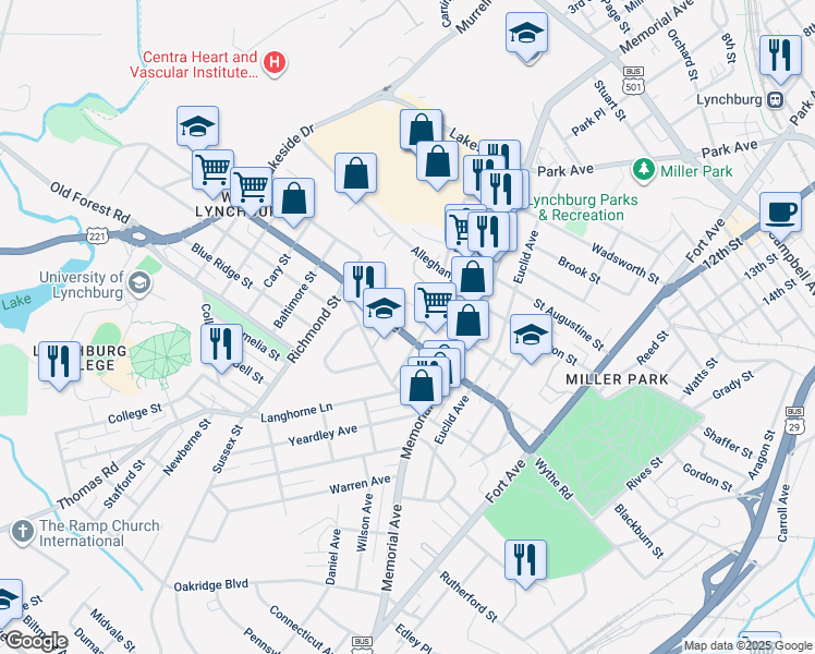 map of restaurants, bars, coffee shops, grocery stores, and more near 540 Oakley Avenue in Lynchburg