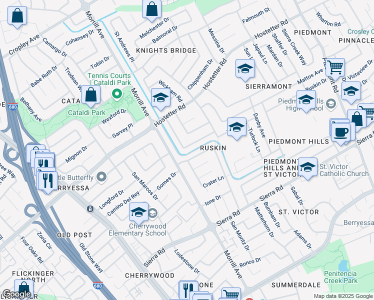 map of restaurants, bars, coffee shops, grocery stores, and more near 1515 Stubbins Way in San Jose