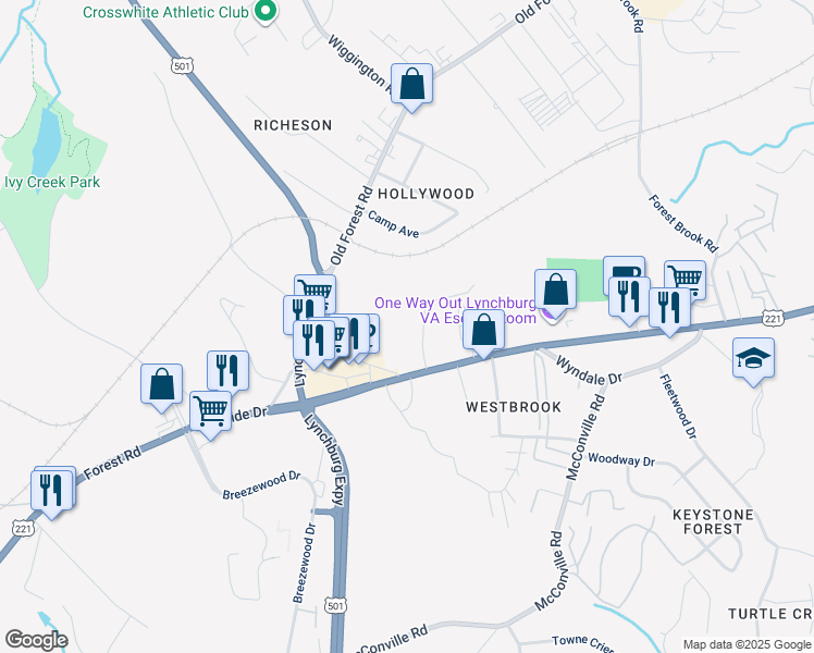map of restaurants, bars, coffee shops, grocery stores, and more near 51 Countryplace Lane in Lynchburg