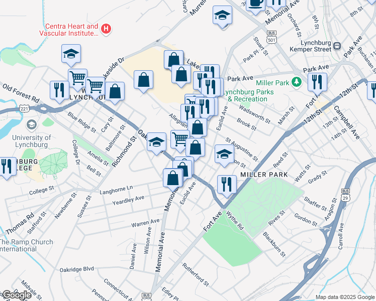 map of restaurants, bars, coffee shops, grocery stores, and more near 610 Talbot Street in Lynchburg