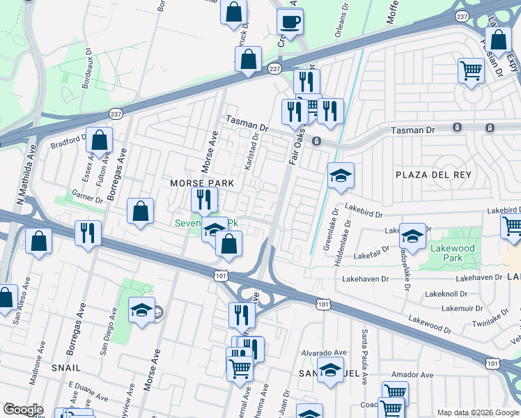 map of restaurants, bars, coffee shops, grocery stores, and more near 520 Sirte Terrace in Sunnyvale