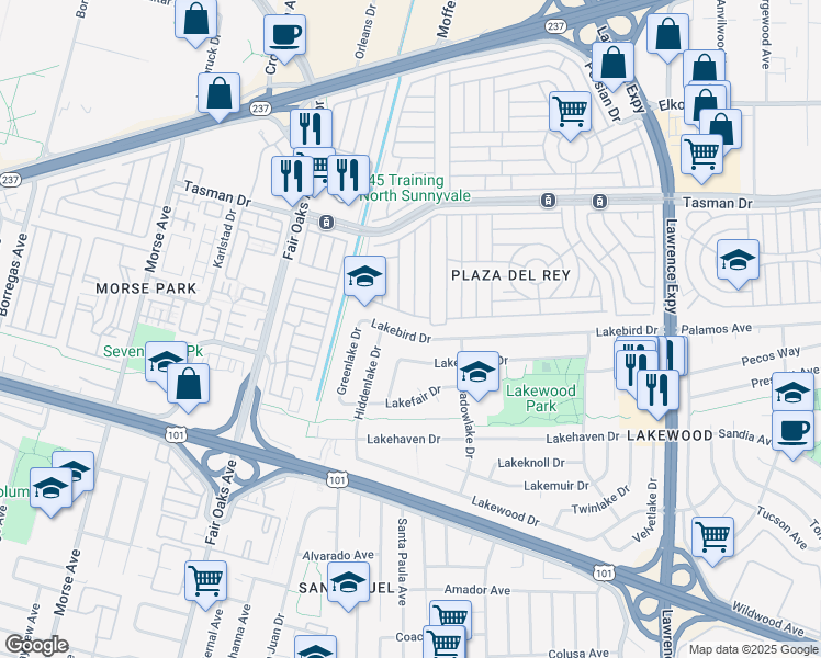 map of restaurants, bars, coffee shops, grocery stores, and more near 709 Lakebird Drive in Sunnyvale