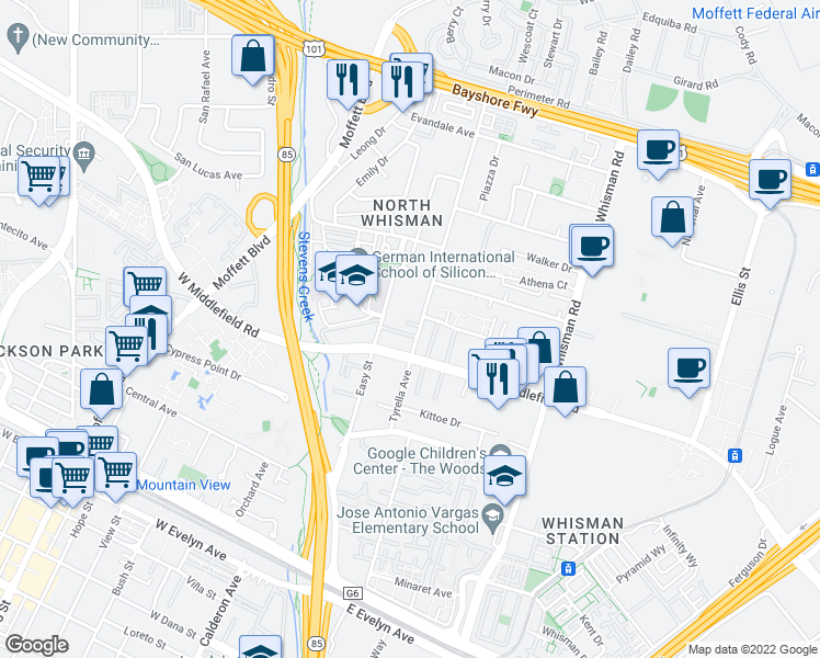 map of restaurants, bars, coffee shops, grocery stores, and more near 101 Glen Alpine Court in Mountain View