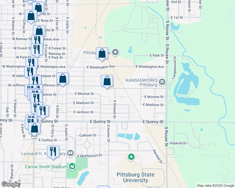 map of restaurants, bars, coffee shops, grocery stores, and more near 911 South Stilwell Street in Pittsburg