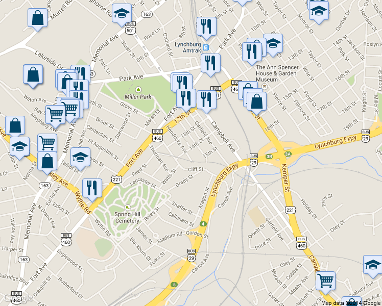 map of restaurants, bars, coffee shops, grocery stores, and more near 2208 14th Street in Lynchburg