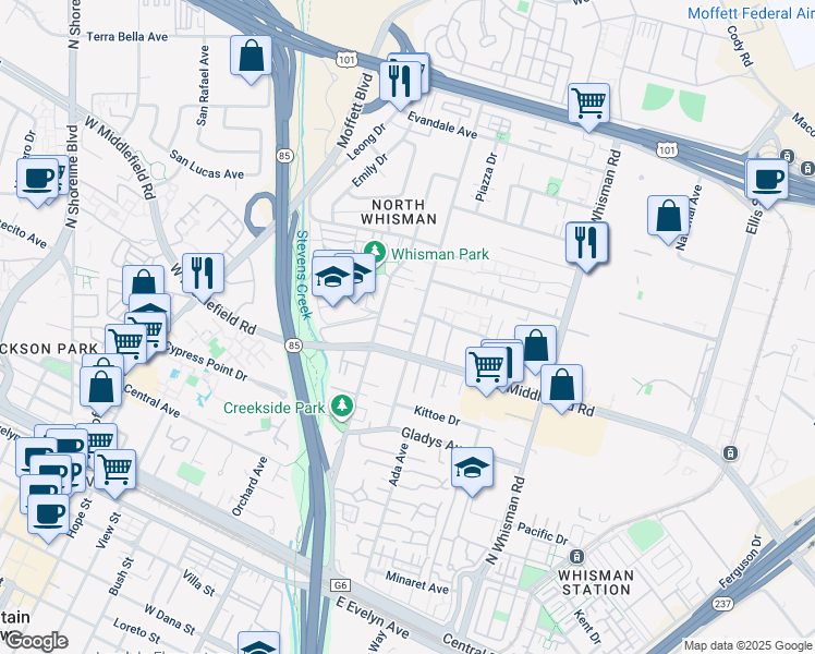 map of restaurants, bars, coffee shops, grocery stores, and more near 101 Glen Alpine Court in Mountain View