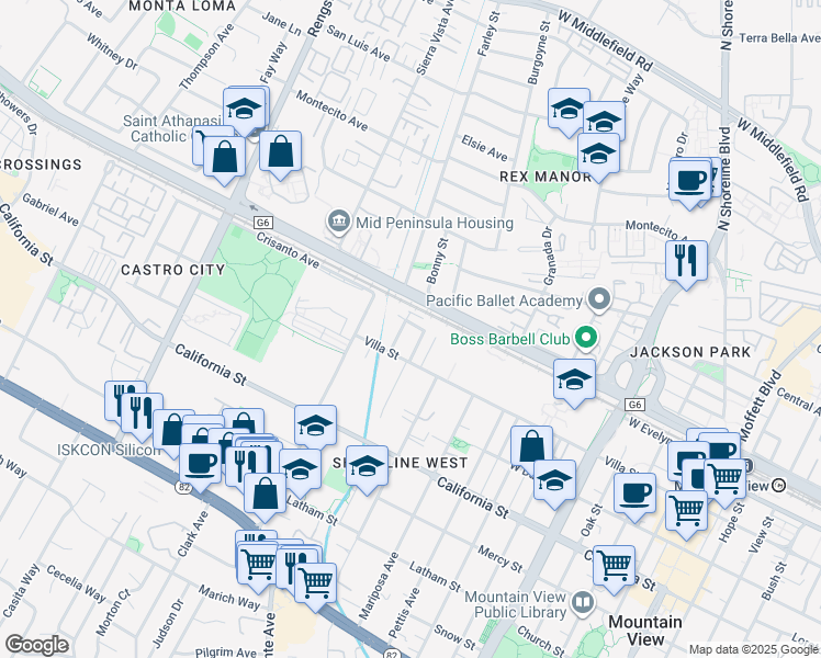 map of restaurants, bars, coffee shops, grocery stores, and more near 178 Permanente Way in Mountain View