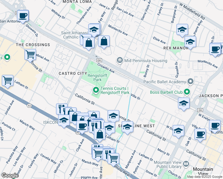 map of restaurants, bars, coffee shops, grocery stores, and more near 222 Escuela Avenue in Mountain View