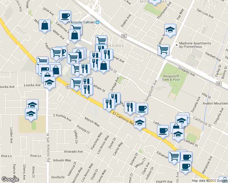 map of restaurants, bars, coffee shops, grocery stores, and more near 430 Hillwood Court in Mountain View