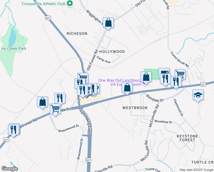 map of restaurants, bars, coffee shops, grocery stores, and more near 51 Countryplace Lane in Lynchburg