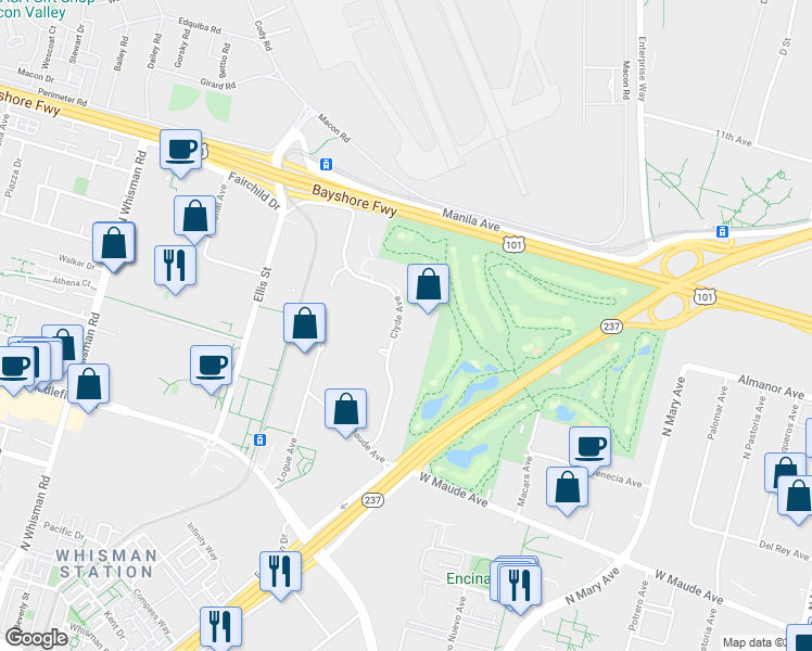 map of restaurants, bars, coffee shops, grocery stores, and more near 567 Clyde Avenue in Mountain View