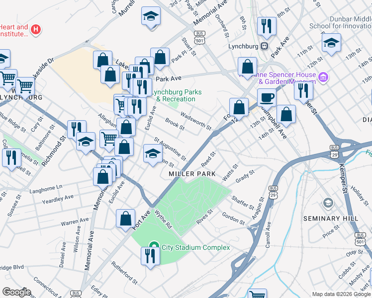 map of restaurants, bars, coffee shops, grocery stores, and more near 2601 Murger Street in Lynchburg
