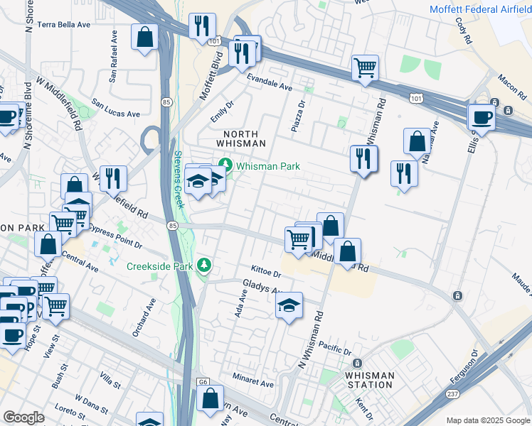 map of restaurants, bars, coffee shops, grocery stores, and more near 100 East Middlefield Road in Mountain View