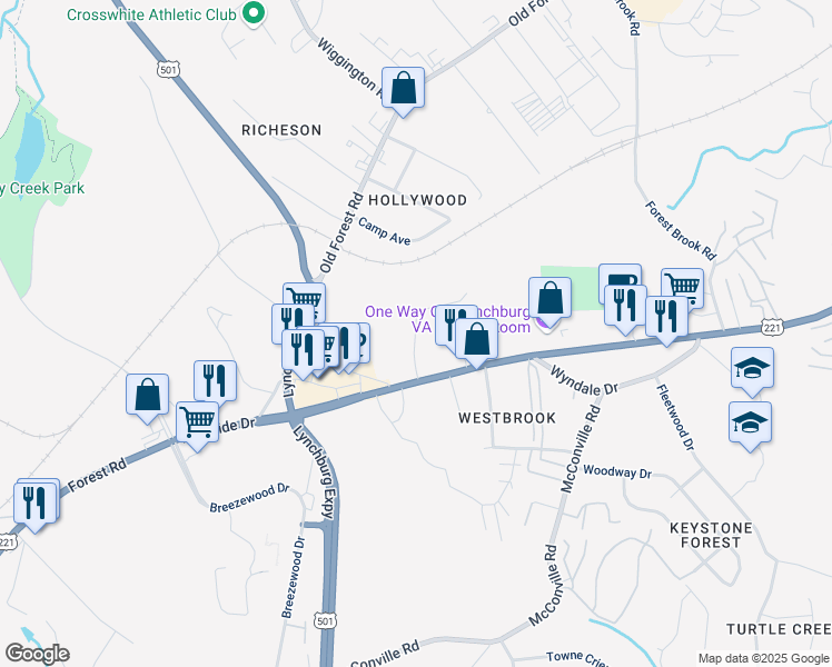map of restaurants, bars, coffee shops, grocery stores, and more near 52 Countryplace Lane in Lynchburg