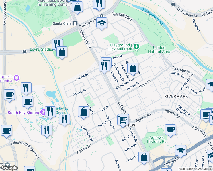 map of restaurants, bars, coffee shops, grocery stores, and more near 4666 Wilcox Avenue in Santa Clara