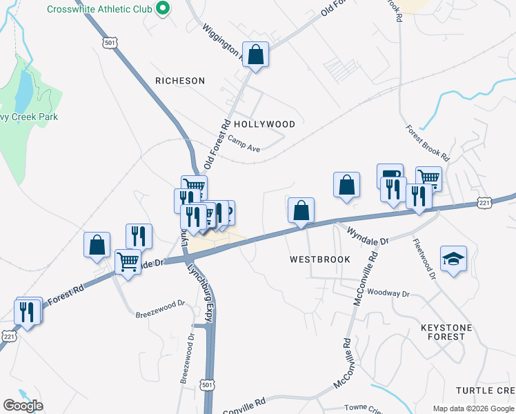 map of restaurants, bars, coffee shops, grocery stores, and more near 51 Countryplace Lane in Lynchburg