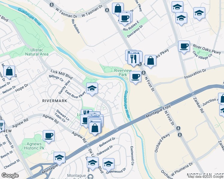 map of restaurants, bars, coffee shops, grocery stores, and more near 552 Mansion Park Drive in Santa Clara