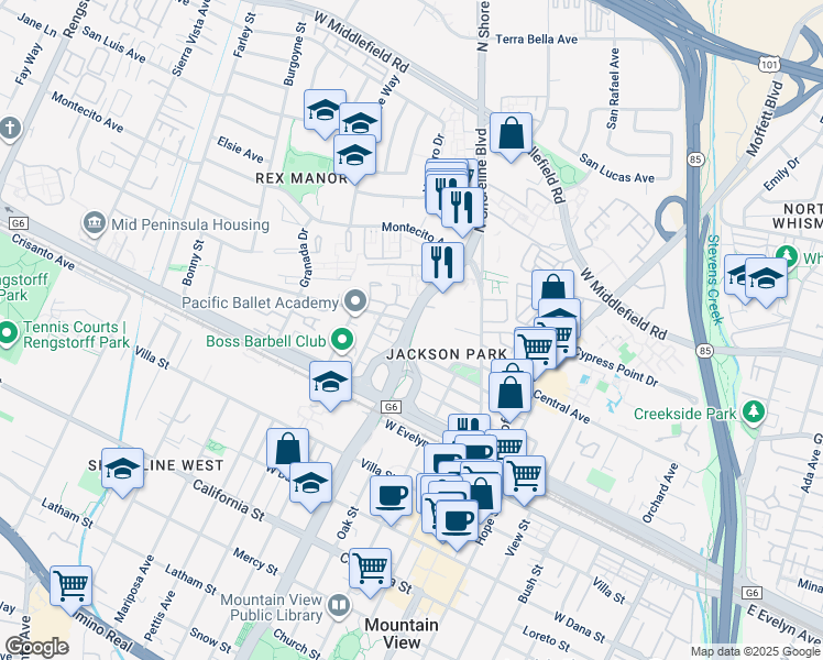 map of restaurants, bars, coffee shops, grocery stores, and more near 345 North Shoreline Boulevard in Mountain View