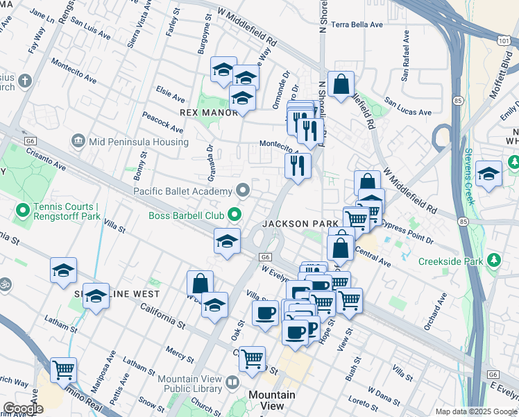 map of restaurants, bars, coffee shops, grocery stores, and more near 1003 Asbury Way in Mountain View