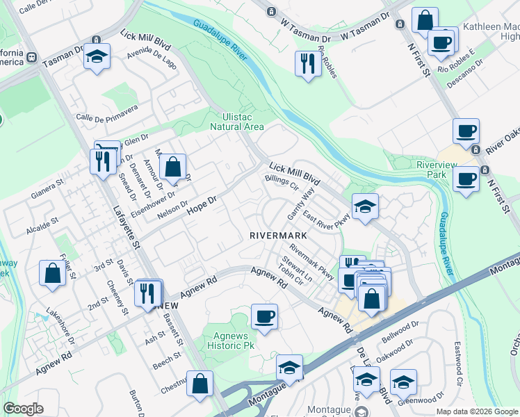 map of restaurants, bars, coffee shops, grocery stores, and more near 1165 East River Parkway in Santa Clara
