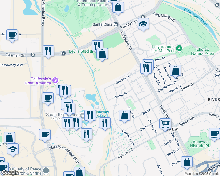 map of restaurants, bars, coffee shops, grocery stores, and more near 2348 Gianera Street in Santa Clara
