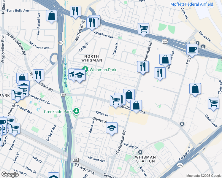 map of restaurants, bars, coffee shops, grocery stores, and more near 112 Flynn Avenue in Mountain View