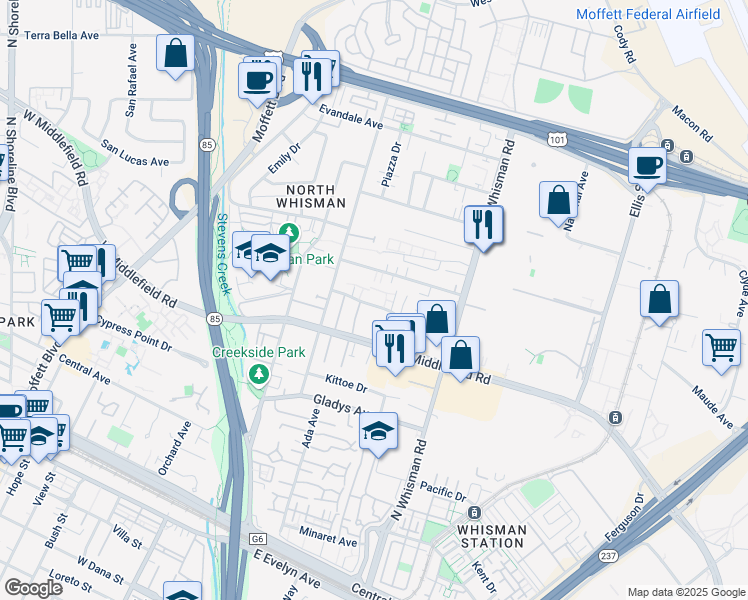map of restaurants, bars, coffee shops, grocery stores, and more near 112 Flynn Avenue in Mountain View