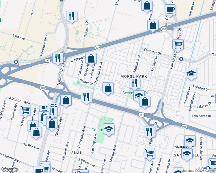 map of restaurants, bars, coffee shops, grocery stores, and more near 1050 Borregas Avenue in Sunnyvale