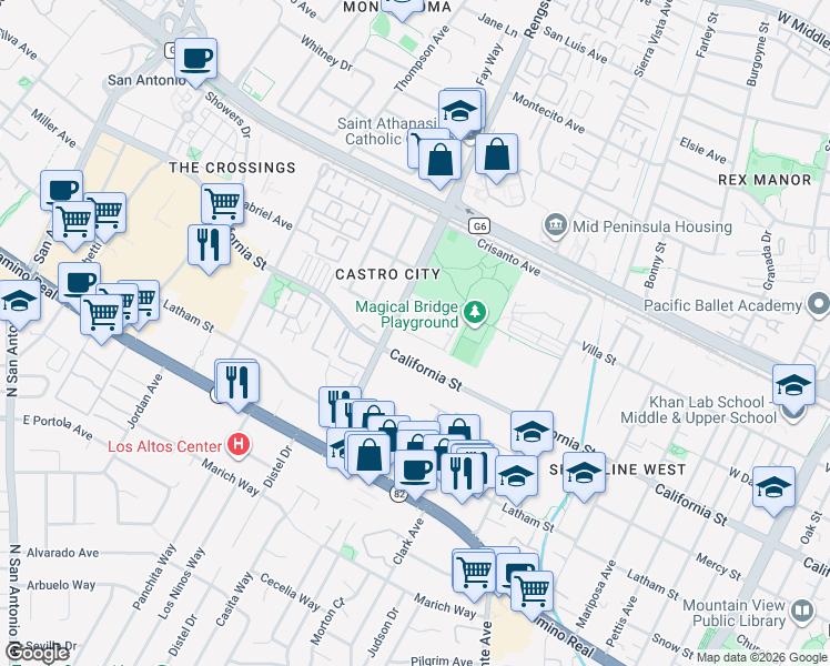 map of restaurants, bars, coffee shops, grocery stores, and more near 255 South Rengstorff Avenue in Mountain View