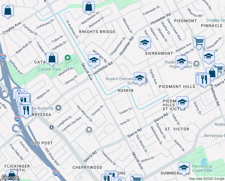 map of restaurants, bars, coffee shops, grocery stores, and more near 1511 Stubbins Way in San Jose