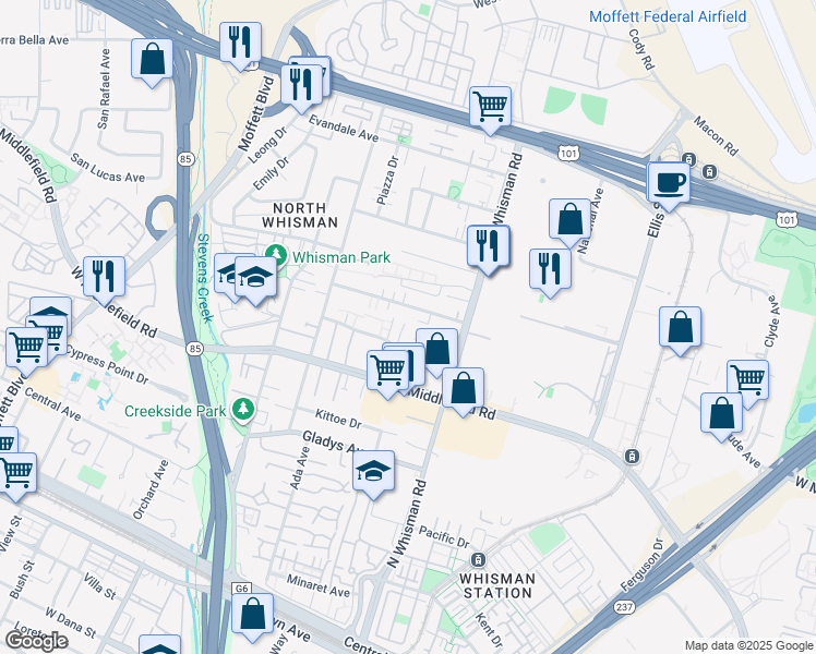 map of restaurants, bars, coffee shops, grocery stores, and more near 148 Flynn Avenue in Mountain View
