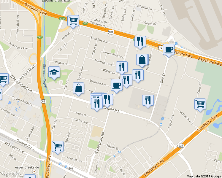 map of restaurants, bars, coffee shops, grocery stores, and more near 207 Sherland Avenue in Mountain View