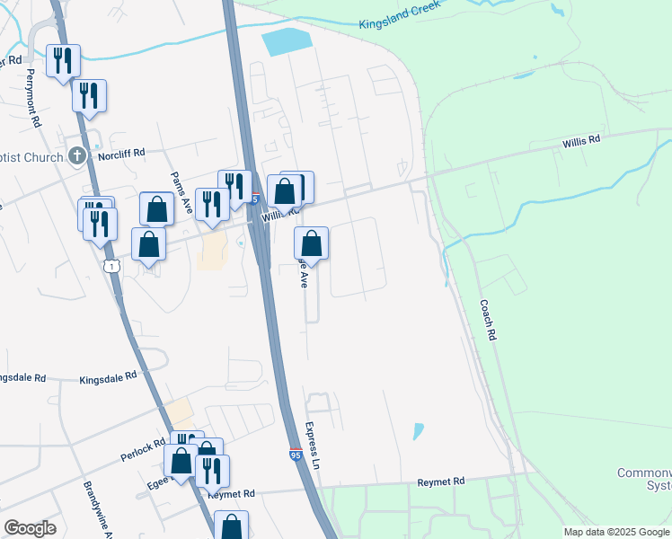 map of restaurants, bars, coffee shops, grocery stores, and more near 9343 Russell Road in Richmond