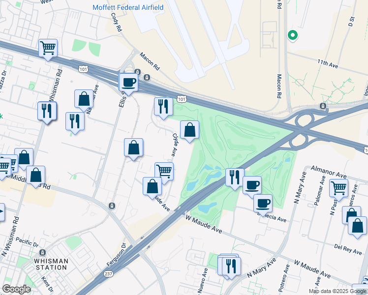 map of restaurants, bars, coffee shops, grocery stores, and more near 567 Clyde Avenue in Mountain View