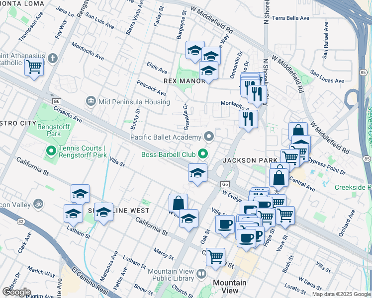 map of restaurants, bars, coffee shops, grocery stores, and more near 213 Granada Park Circle in Mountain View