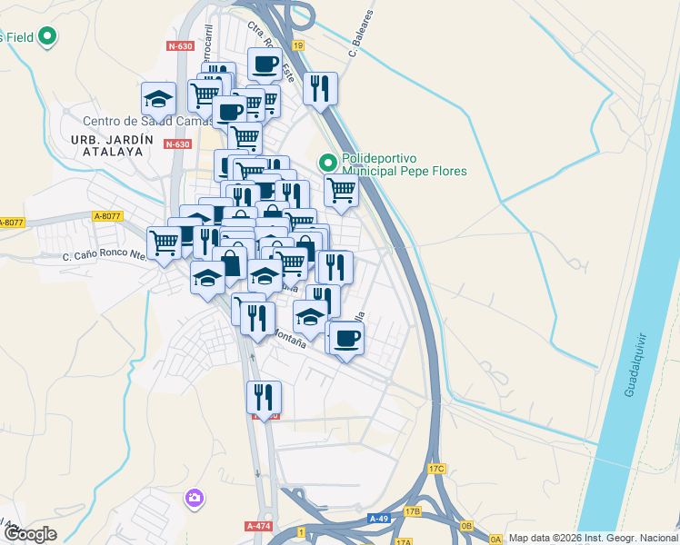 map of restaurants, bars, coffee shops, grocery stores, and more near 25 Calle Ribera in Camas