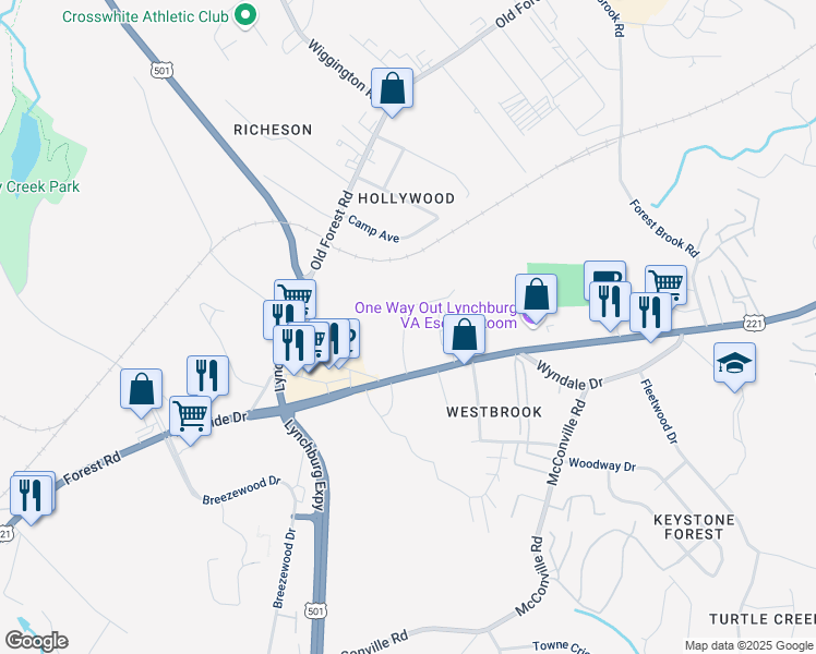 map of restaurants, bars, coffee shops, grocery stores, and more near 66 Countryplace Lane in Lynchburg