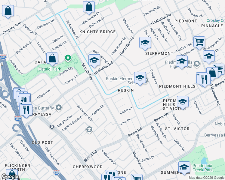 map of restaurants, bars, coffee shops, grocery stores, and more near 1511 Stubbins Way in San Jose