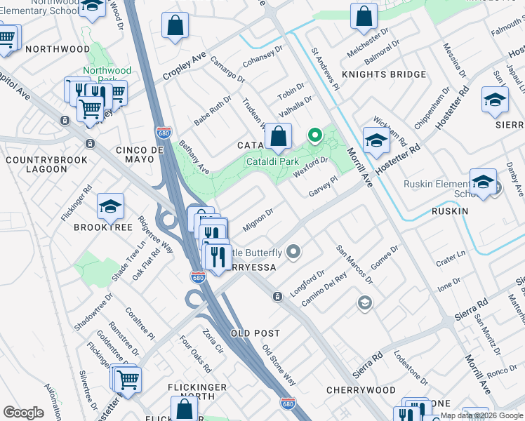 map of restaurants, bars, coffee shops, grocery stores, and more near 2717 Mignon Drive in San Jose