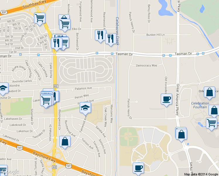 map of restaurants, bars, coffee shops, grocery stores, and more near 1188 Manzano Way in Sunnyvale