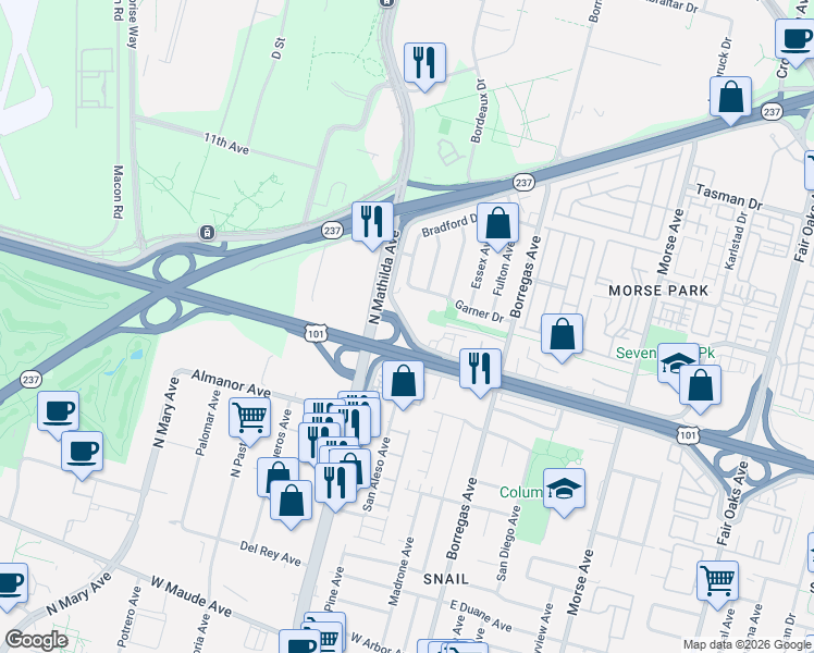 map of restaurants, bars, coffee shops, grocery stores, and more near 940 West Weddell Drive in Sunnyvale