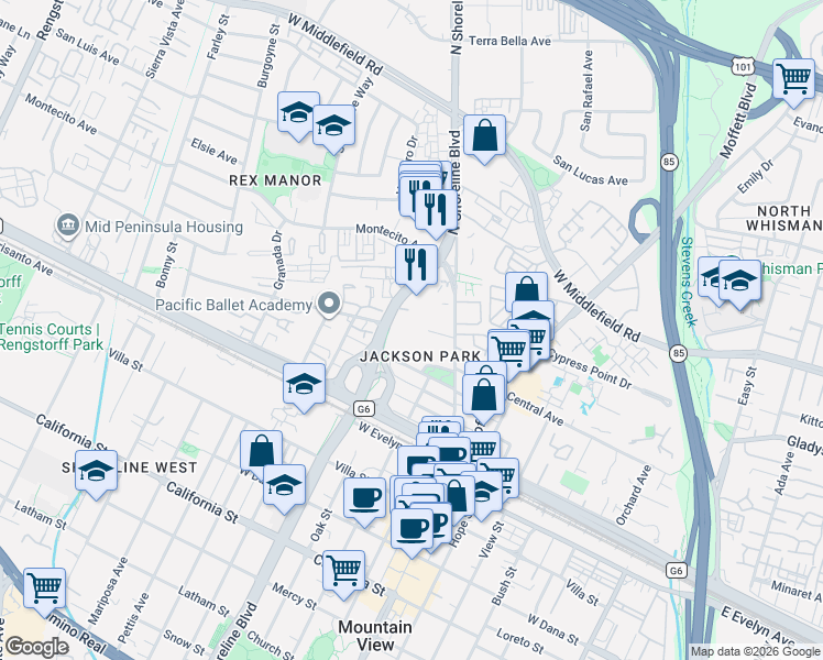 map of restaurants, bars, coffee shops, grocery stores, and more near 345 North Shoreline Boulevard in Mountain View