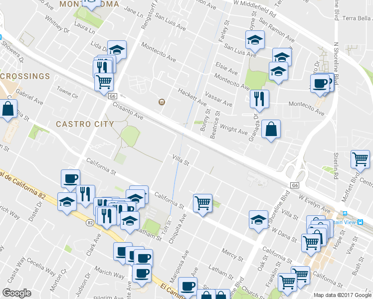 map of restaurants, bars, coffee shops, grocery stores, and more near 178 Permanente Way in Mountain View