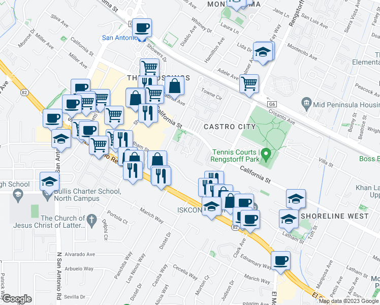 map of restaurants, bars, coffee shops, grocery stores, and more near 375 Oaktree Drive in Mountain View