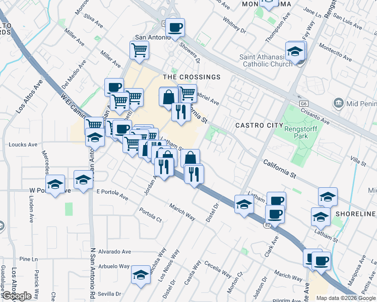 map of restaurants, bars, coffee shops, grocery stores, and more near 400a Ortega Avenue in Mountain View