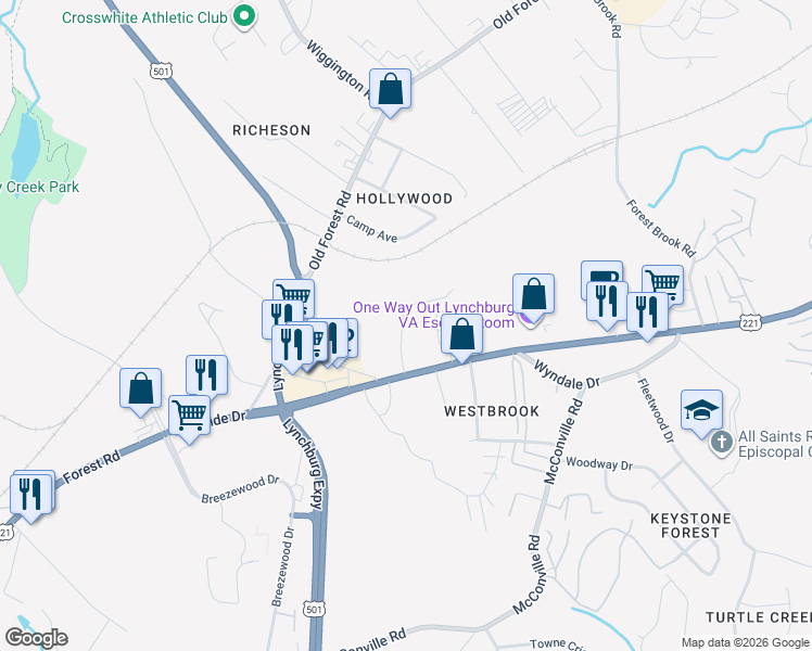 map of restaurants, bars, coffee shops, grocery stores, and more near 51 Countryplace Lane in Lynchburg