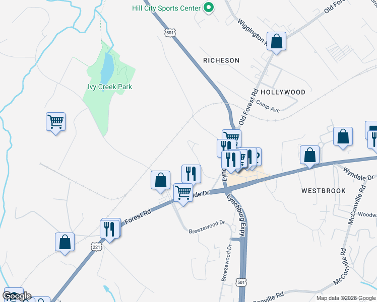 map of restaurants, bars, coffee shops, grocery stores, and more near 3948 Peace Street in Lynchburg