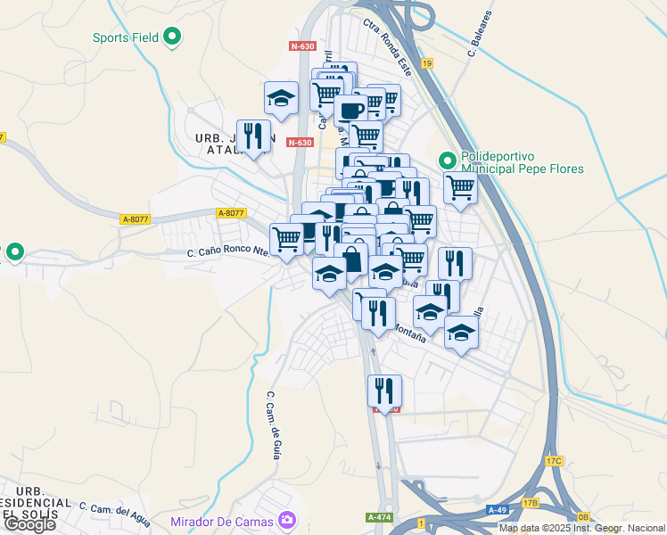 map of restaurants, bars, coffee shops, grocery stores, and more near 13 Calle Sevilla in Camas