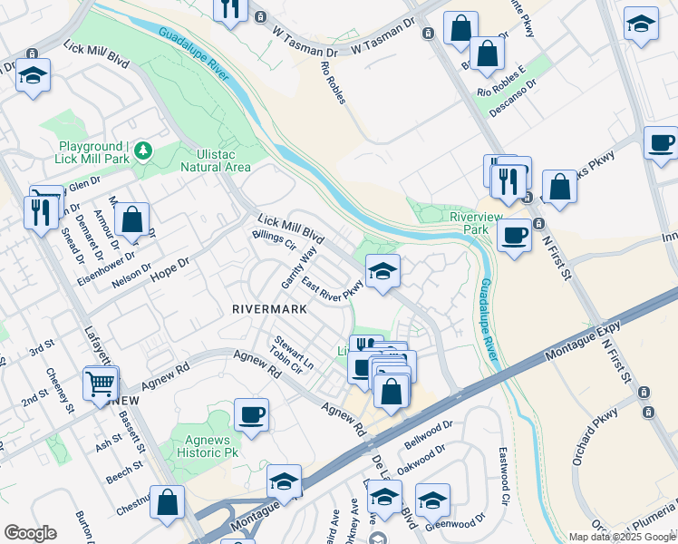 map of restaurants, bars, coffee shops, grocery stores, and more near 4338 Watson Circle in Santa Clara